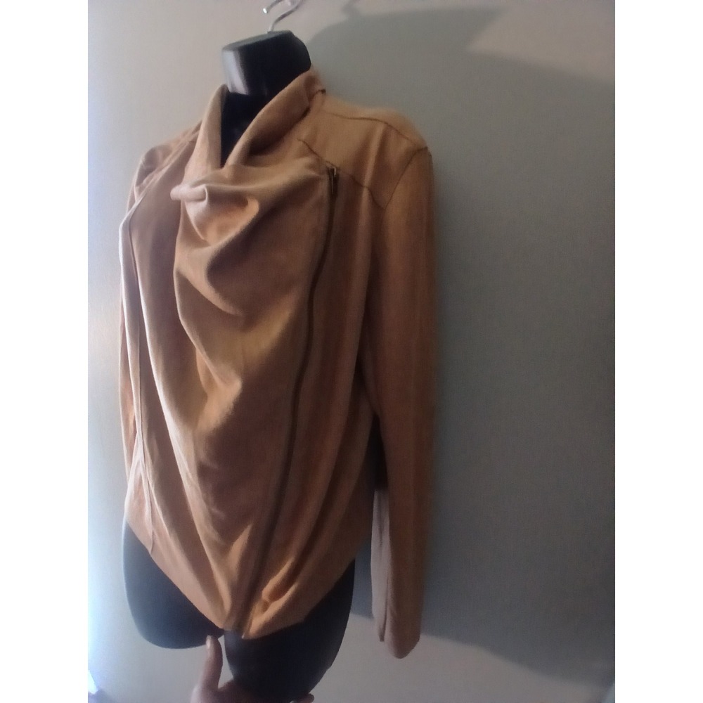 Mod Ref Tan Faux Suede Draped Asymmetrical Zip Front Jacket Womens Large - Picture 4 of 9